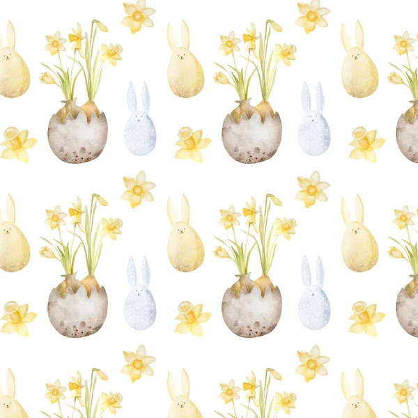 Paskalya Tavşanı Narsisli Çiçekler Noel Tatili Için Dikişsiz Yumurta Boyası — Stok fotoğraf