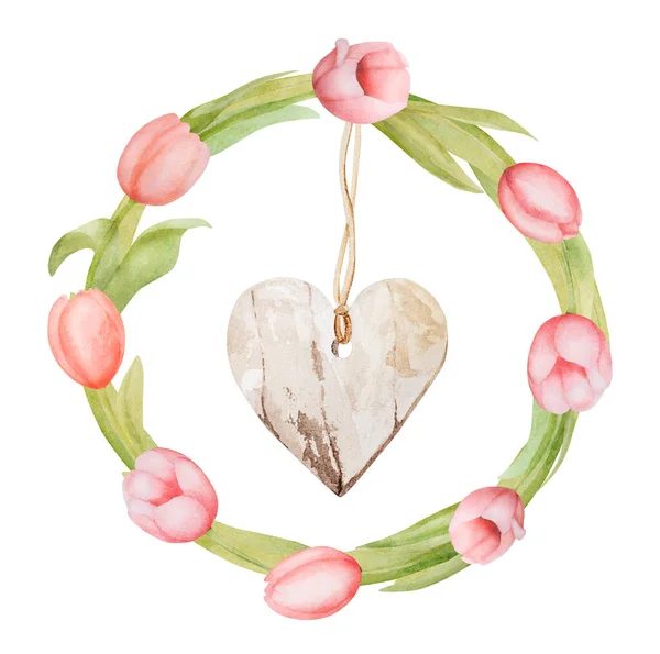Vackra Rosa Tulpan Blommor Krans Med Hjärta Akvarell Målning Vår — Stockfoto