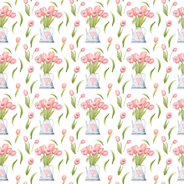 Mooie Roze Tulp Bloemen Gieter Kan Aquarel Naadloos Patroon Voorjaar — Stockfoto