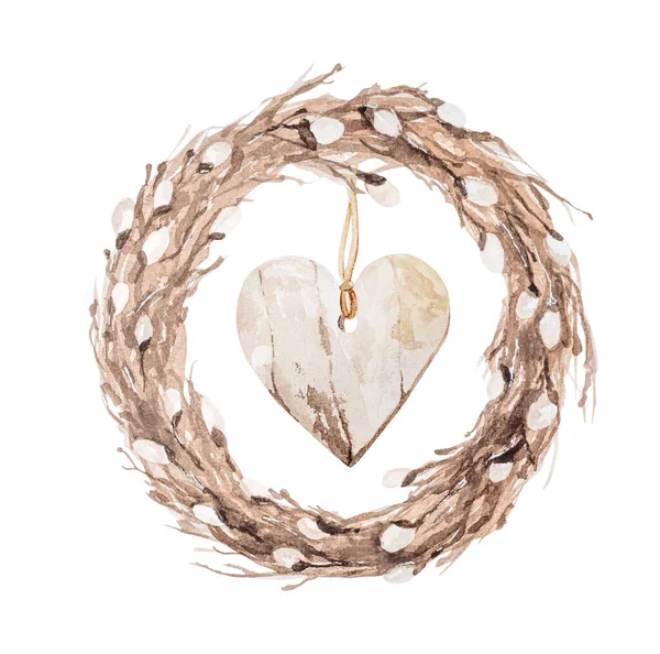 Paskalya Söğüdü Çelengi Kalp Dekorasyonuyla Suluboya Resim Kartpostal Tasarımı Için — Stok fotoğraf