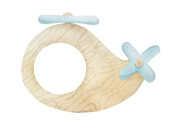 Educational wooden toy helicopter for infant child watercolor painting. Eco natural plaything chopper for kid baby playing and development