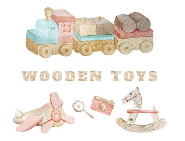 Educational wooden toys as train, plain and rocking horse for infant child watercolor painting. Eco natural camera and beanbag for kid baby playing and development