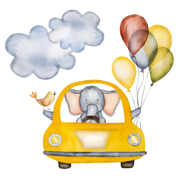 カラフルな気球水彩画と黄色の車の中でかわいい漫画の象 おとぎ話の動物と雲と赤ちゃんの誕生日のための甘いポストカード — ストック写真