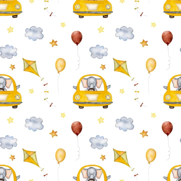 カラフルな空気風船やカイト水彩シームレスパターンと黄色の車の中でかわいい漫画の象 おとぎ話の動物と雲と赤ちゃんの誕生日のための甘いポストカード — ストック写真