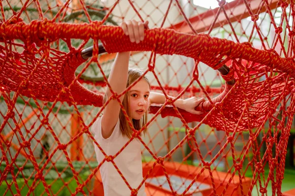 Pretty Child Girl Net Amusement Park Having Fun Happy Preteen — Stock Photo, Image