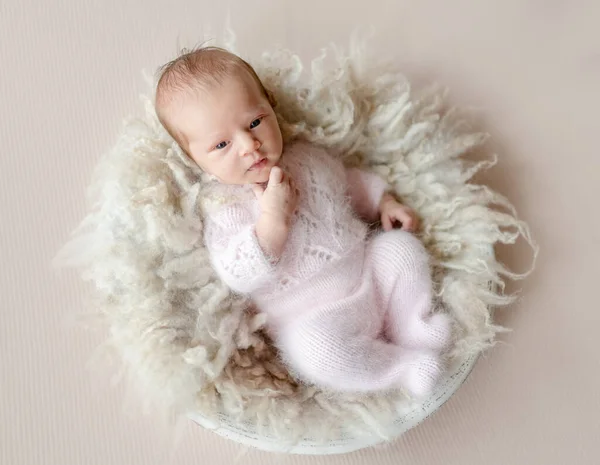 Newborn Baby Girl Wearing Knitted Costume Looking Camera Thinking Face — Stock Photo, Image