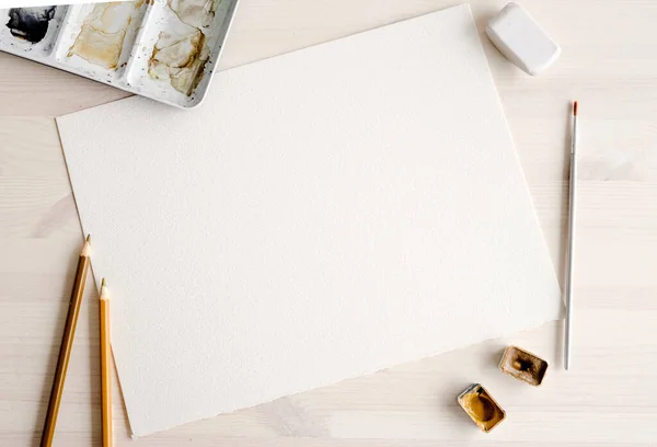 Watercolor Paper Blank Paint Pallete Brush Artist Set Aquarelle Drawing — Stock Photo, Image