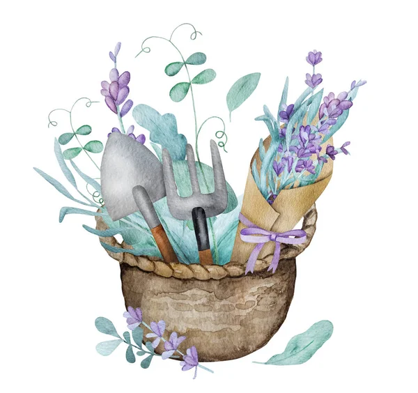 Krásná Levandulová Provence Kytice Košíku Zelenými Výhonky Koláčů Zahradní Lopatkou — Stock fotografie