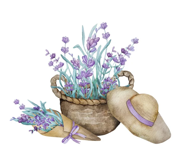 漂亮的薰衣草在篮子里的花束与花园帽子水彩画明信片的设计 紫罗兰花构图水彩画 — 图库照片