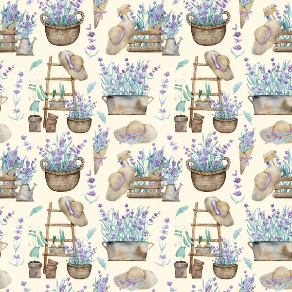 stock image Beautiful lavender provence bouquet in wooden box, garden hat and watering can watercolor seamless pattern. Purple blossom flower from France aquarelle drawing