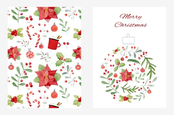 Merry Christmas Postcard Watercolor Design Mistletoe Xmas Tree Festive Lollipop — Stock Photo, Image