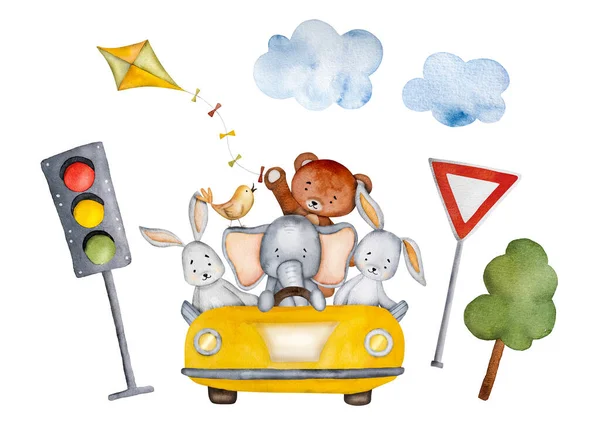 鳥やカイト水彩画と黄色の車の中で漫画クマ 象やウサギ かわいい動物 交通信号や木と自動車輸送 アクエラレ旅行イラスト — ストック写真