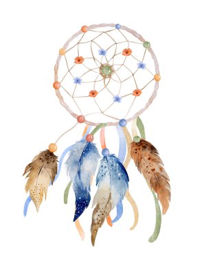 Kabile tüyü boho düş kapanı suluboya süsü. Geleneksel rüya avcısı etnik kanat resmi