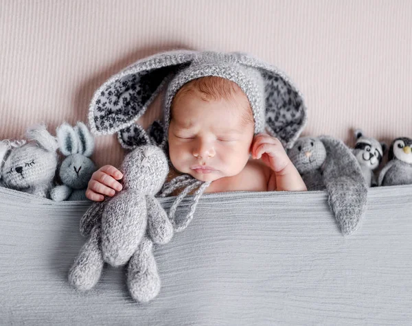 Cute Newborn Baby Boy Sleeping Wearing Bunny Ears Hat Holding —  Fotos de Stock