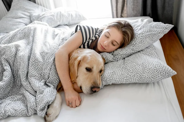 Menina Bonita Abraçando Cão Golden Retriever Dormir Cama Adolescente Sexo — Fotografia de Stock