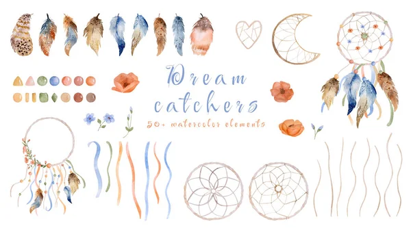 Tribal Feather Boho Dreamcatcher Aquarell Ornament Kollektion Mit Text Traditionelle — Stockfoto