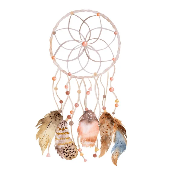 Pena Tribal Boho Dreamcatcher Ornamento Aquarela Tradicional Apanhador Sonhos Pintura — Fotografia de Stock