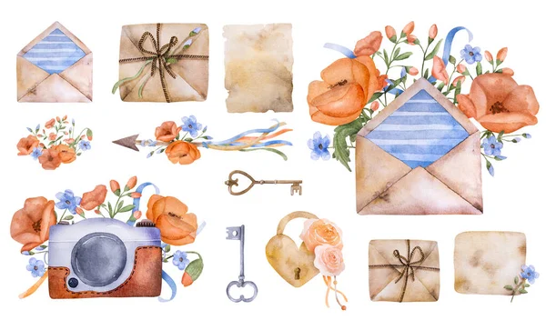 Boho Style Watercolor Vintage Paintings Lock Key Flowers Wedding Postcard — Stock fotografie