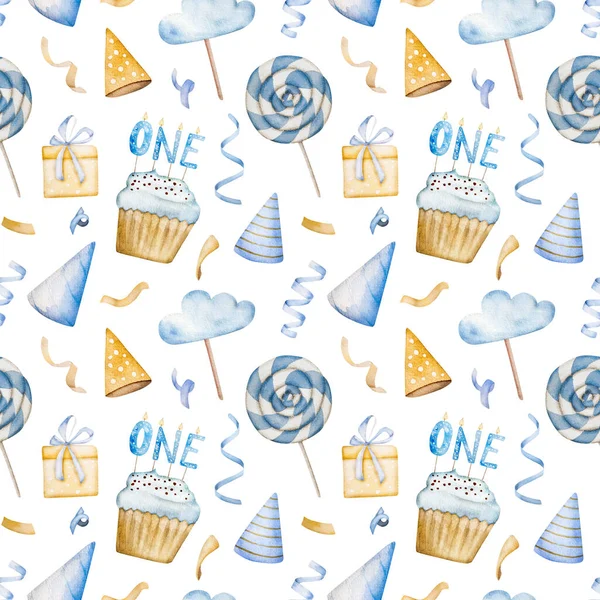 ハッピーバースデーカップケーキ ロリポップとパーティー帽子ブルーの水彩シームレスパターン 甘いケーキや贈り物を持つ新生児の男の子のためのポストカード — ストック写真