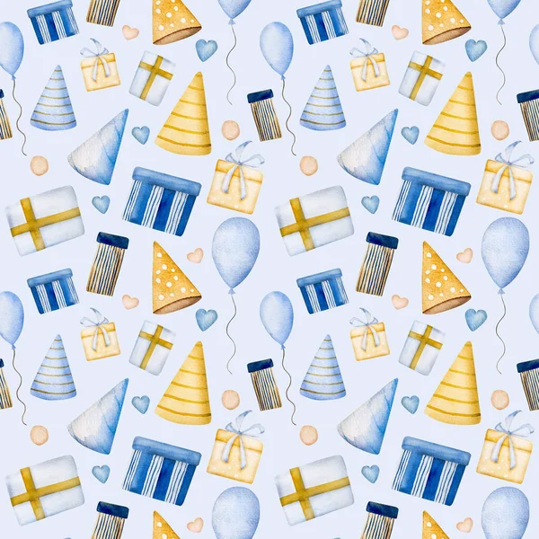 Открытка Днем Рождения Голубой Подарочной Коробкой Воздушным Шаром Бесцветным Рисунком — стоковое фото