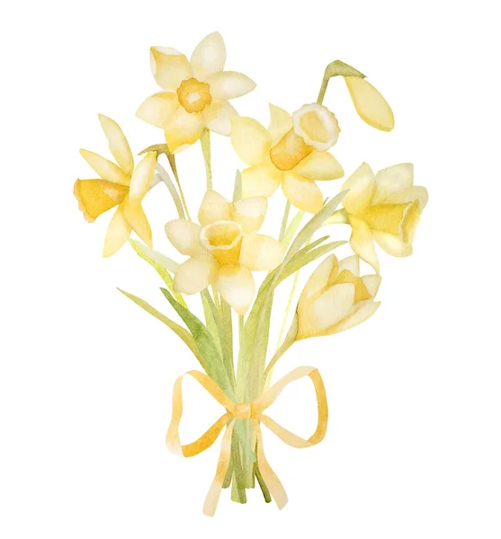 Jarní Květiny Narcis Kytice Akvarel Malba Žluté Velikonoční Květy Rostlinné — Stock fotografie