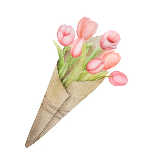 Όμορφο Ροζ Λουλούδι Τουλίπας Μπουκέτο Ρουστίκ Χαρτί Ακουαρέλα Βάψιμο Άνοιξη — Φωτογραφία Αρχείου