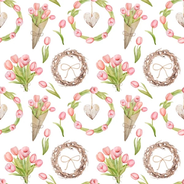 Beautiful Pink Tulip Flowers Bouquet Wreath Heart Watercolorless Pattern Весенний — стоковое фото