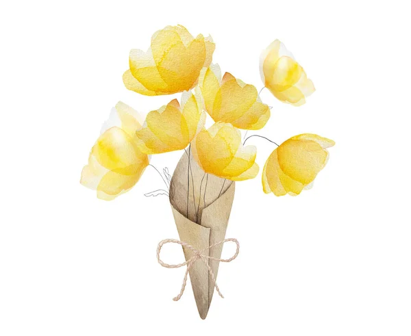 水彩缤纷的春天 夏日花朵绽放 明信片设计用带有乡村纸装饰的柔和黄色花束 — 图库照片