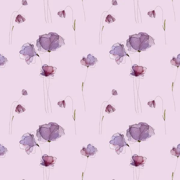 Акварель Весенние Летние Цветы Цветут Фиолетовом Фоне Бесшовный Узор Нежный — стоковое фото