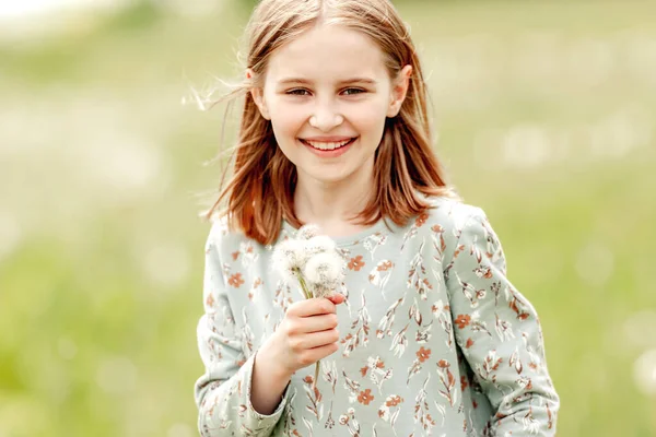 Little Girl Holding Blowballs Flower Hands Blossom Field Smiling Cute — Stok fotoğraf