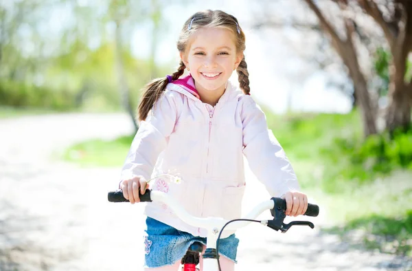 Cuye Dziewczynki Jej Różowy Rower Drodze Szczelnie Góry — Zdjęcie stockowe