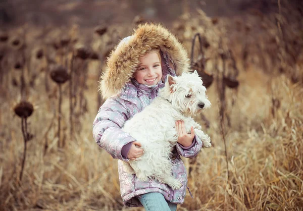 Happy Girl Her Dog Field Autumn — Stock Photo, Image