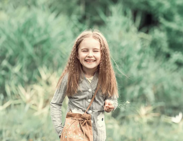 可爱的小女孩漫步在夏日的树林里 — 图库照片