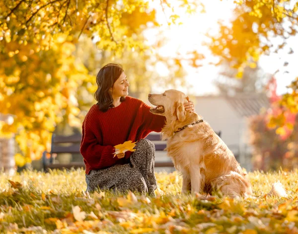 Красива Дівчина Золотим Собакою Ретривером Сидить Осінньому Парку Жовтим Листям — стокове фото