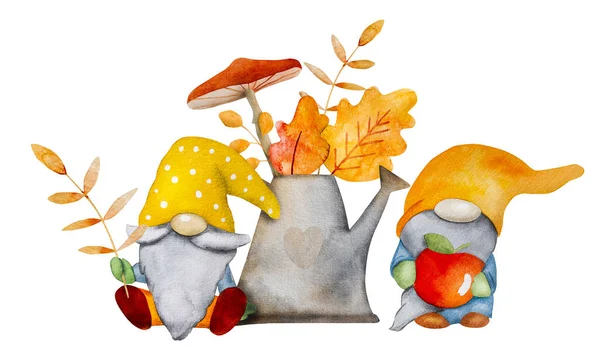 秋の水彩画でキノコとオレンジの葉の収穫とかわいいノームの小人 アパレル漫画のエルフとアップル — ストック写真