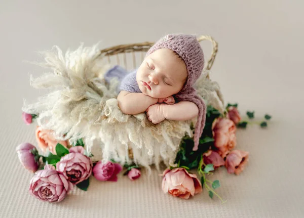 Nyfödd Flicka Sover Päls Och Pion Blommor Söta Spädbarn Barn — Stockfoto