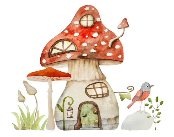 Mushroom Fairytale House Watercolor Painting Cartoon Fly Agaric Amanita Home — Stock Photo, Image