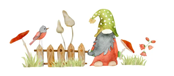 庭の水彩画でキノコと鳥と森の小人 おとぎ話のキャラクターグノームとともに赤シャネルアガリ漫画のアクエラレ描画 — ストック写真