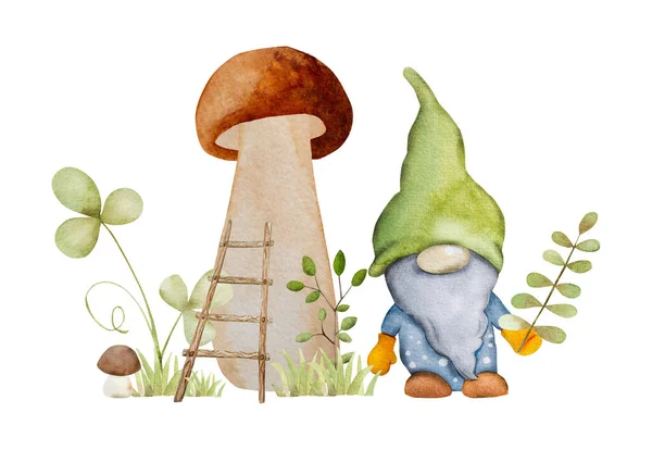 庭の水彩画のキノコとはしごを持つ森の小人 農業と葉のアクエラレの絵とおとぎ話のキャラクターのノーム — ストック写真