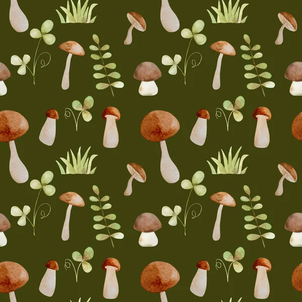 森のキノコ水彩画シームレスなパターン 木の真菌性野菜や葉のアクエラレは濃い緑色の背景に描く — ストック写真