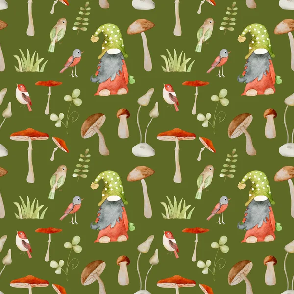 Karzeł Leśny Grzybami Akwarelą Ptaków Malowanie Bezszwowy Wzór Bajkowy Charakter — Zdjęcie stockowe