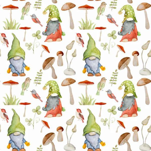 Лесной Карлик Грибами Птичьей Акварелью Сказочный Персонаж Гнома Рисунком Акварель — стоковое фото