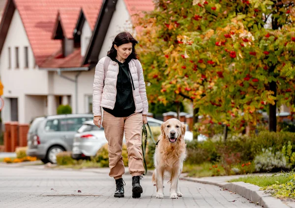 Tonåring Bär Guldfärgad Hundspets Utomhus Vacker Kvinna Med Renrasiga Sällskapsdjur — Stockfoto