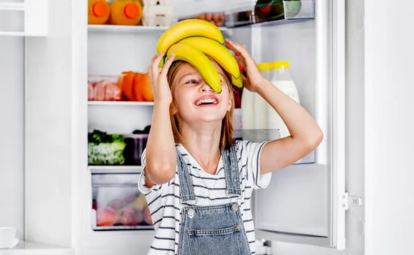 Preteen Girl Bananas Vitamin Healthy Food Kitchen Pretty Child Kid — Zdjęcie stockowe