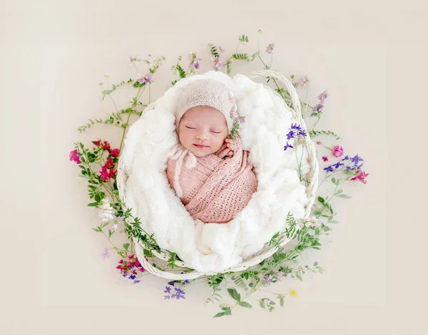 睡梦中的女婴裹在一个盛着鲜花的篮子里 — 图库照片
