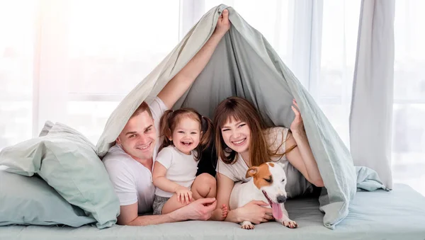 Yatakta Battaniyenin Altında Köpeği Olan Gülümseyen Bir Aile Anne Baba — Stok fotoğraf
