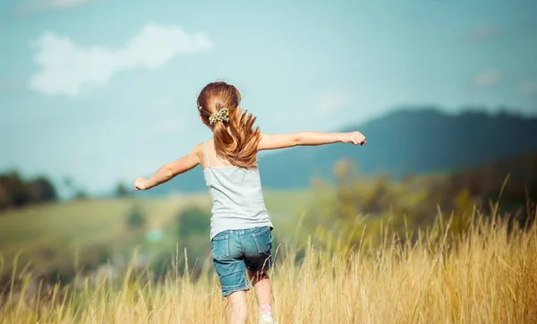 少女は山の美しい牧草地を介して実行されます 背面図 — ストック写真