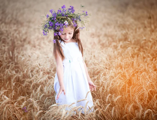 Buğday Dolu Bir Alanda Kafasında Bir Çelenk Ile Güzel Küçük — Stok fotoğraf