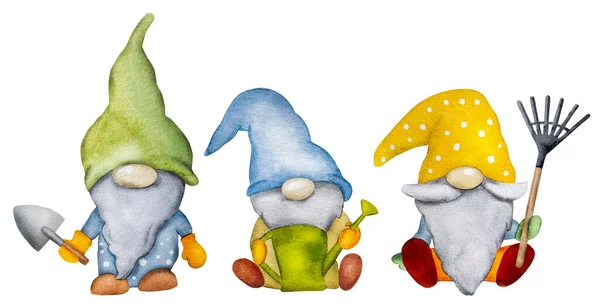 Χαριτωμένο Νάνοι Gnome Εργαλεία Κήπου Στο Φθινόπωρο Ακουαρέλα Ζωγραφική Ξωτικά — Φωτογραφία Αρχείου