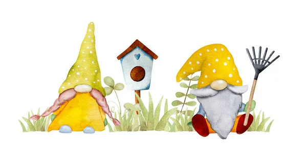 Tuin Dwergen Met Gereedschap Vogel Huis Aquarel Cartoon Schilderij Voor — Stockfoto